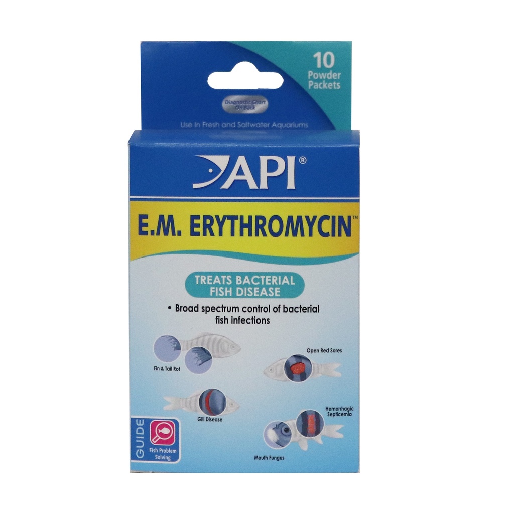 Mars Fishcare API E.M. ERYTHROMYCIN Freshwater Fish Powder Medication 10-Count Box