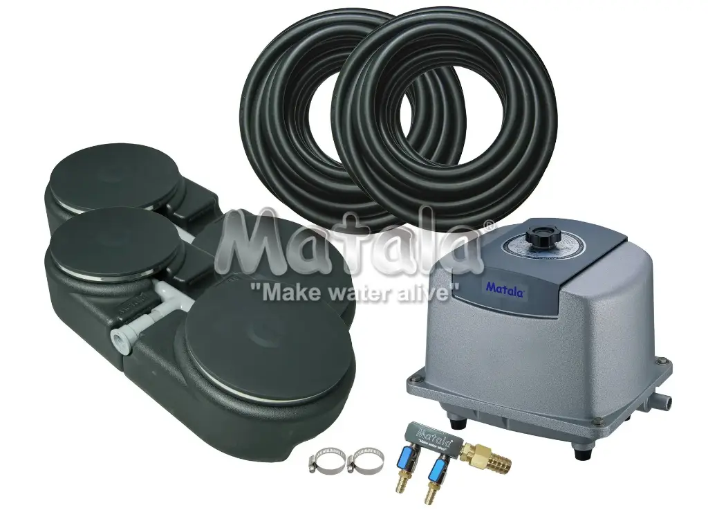 Matala HK-100L Air Pump + 2 x MDB22 Air Diffuser + 2 Way Valve
+ 2 x 30ft 1/2" Weighted Air Hose